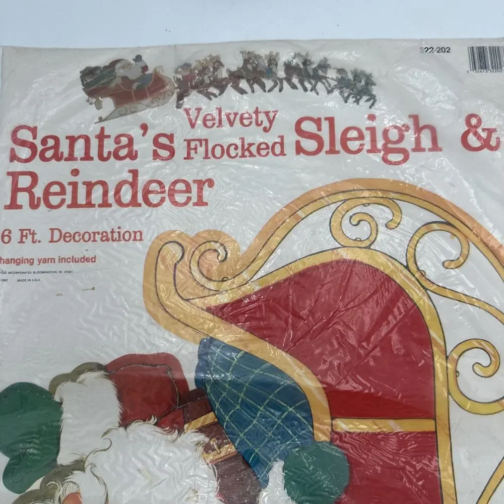 Vintage Flocked Christmas Santa And Sleigh And Reindeer Peck 1984 Die Cut